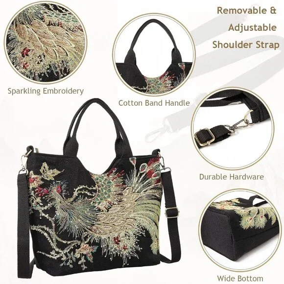 Women's Sequin Embroidery Bird Small Canvas Stylish Casual Shoulder Bags - Picture 4 of 6